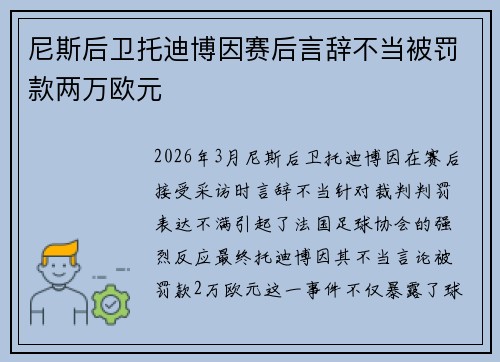 尼斯后卫托迪博因赛后言辞不当被罚款两万欧元